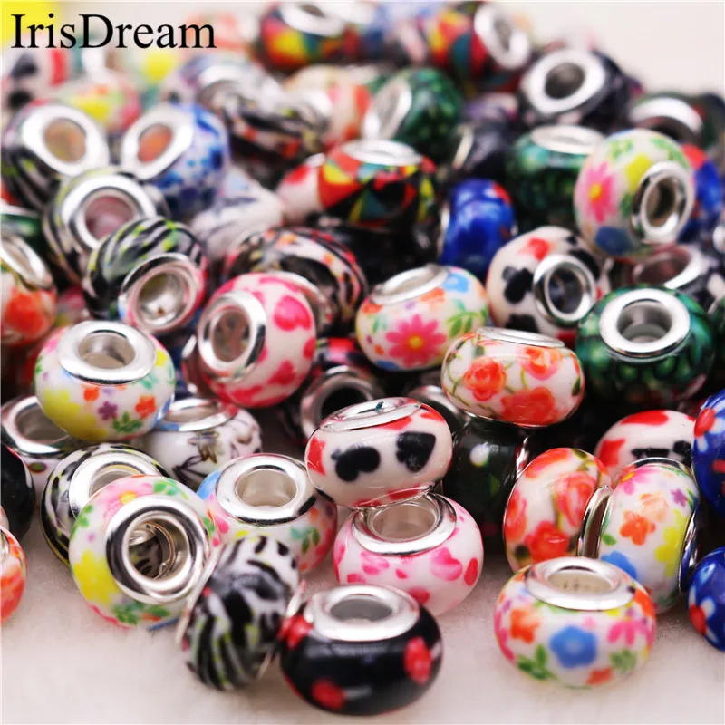 

10Pcs/Lot Mixed Color Round Hoop Flower Resin Glass Murano Beads Charm Fit Pandora Bracelet Bangle For DIY Jewelry Making