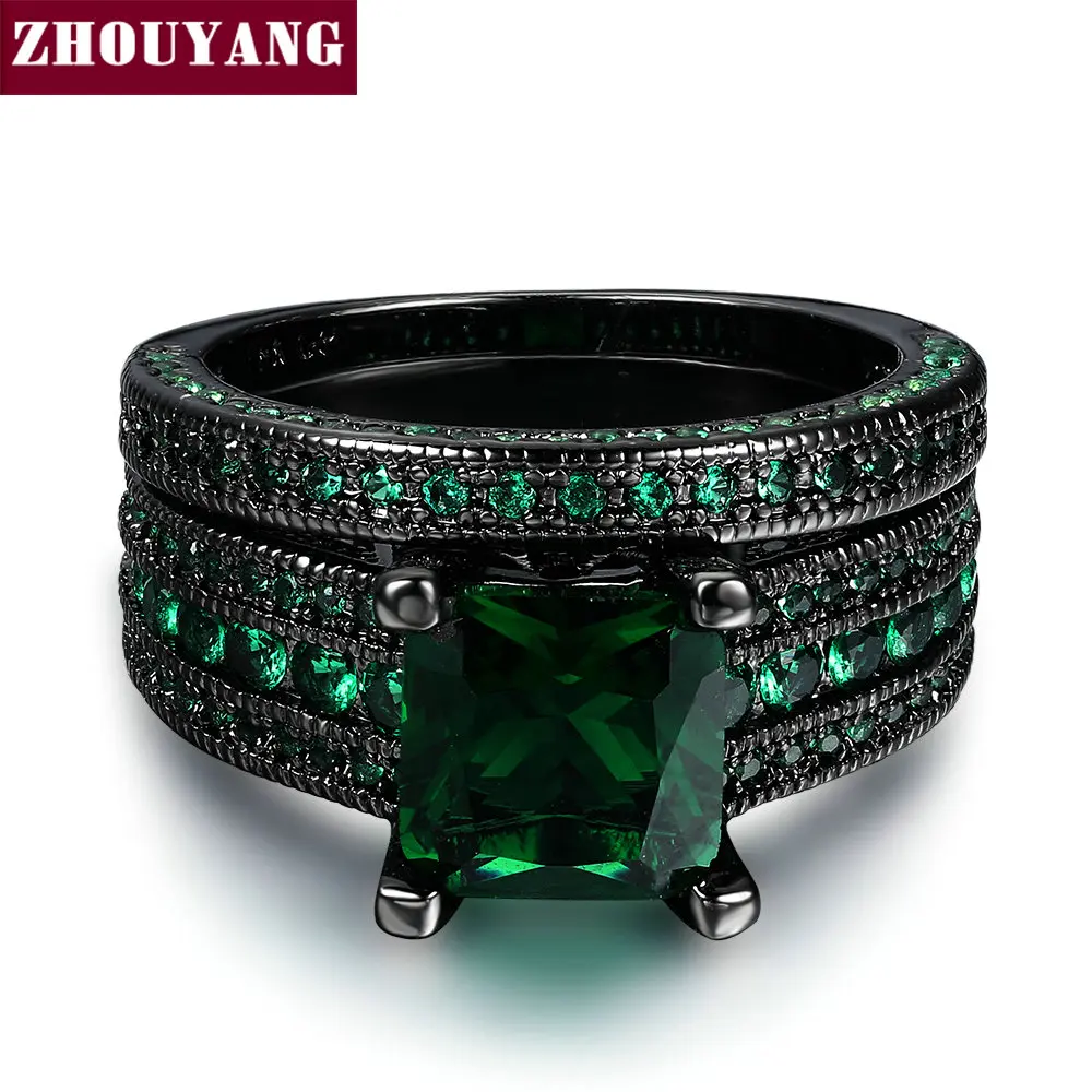 

ZHOUYANG Top Quality 6mm Cubic Zirconia Created Green Crystal Square Ring Set Black Gold Color Party Rings R689