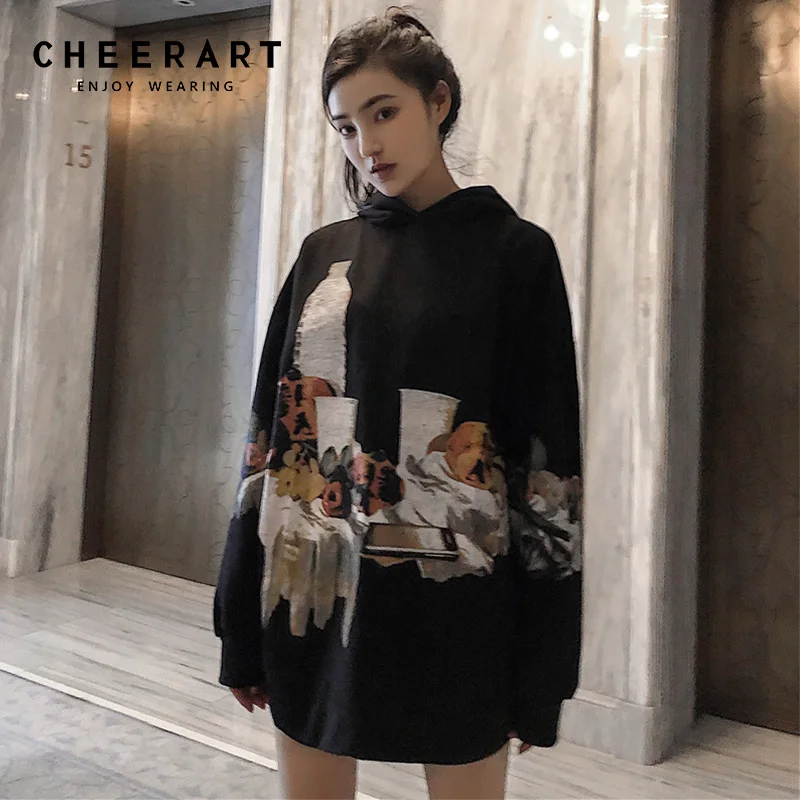 Cheerart, длинные толстовки, Женская толстовка, с принтом, негабаритная, с капюшоном, черная, флисовая, зимняя, толстовка с капюшоном, женская, Harajuku, уличная одежда