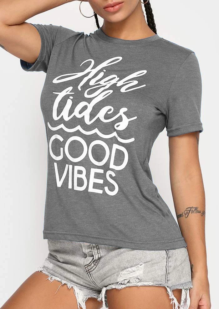 Женская футболка с надписью High Tides Good Vibes хлопковая в уличном стиле grunge tumblr