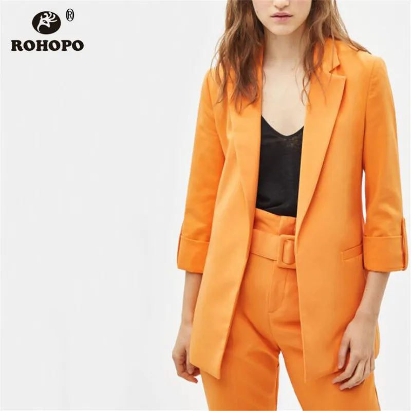 ROHOPO Women Orange Blazer Office Ladies Autumn Outwears British Notched Chic Female Solid Draped Sleeve Blazers #BM2189