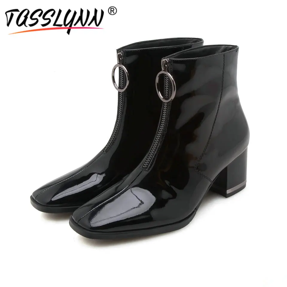 

TASSLYNN 2018 Women Ankle Boots Cow Leather Square Toe Western Woman Shoes Elegant Square Heels Women Autumn Boots Size 34-39