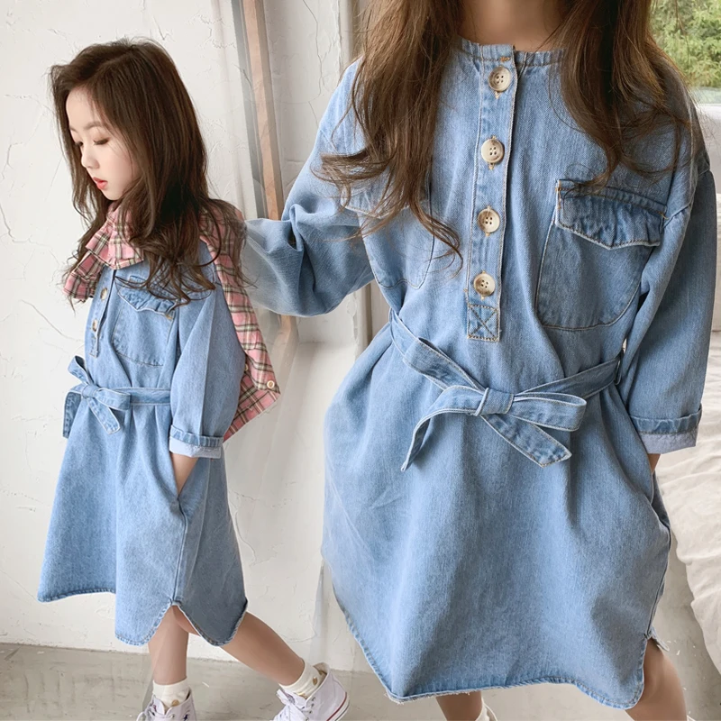 

2019 hot sale girls dress 4-13 years old children's denim dress Washed casual belt Big pocket button Spring and Autumn Essential