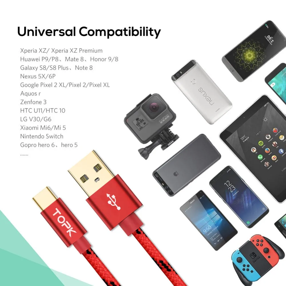 TOPK USB Type C Cable Fast Charging USB C Cable for Samsung Galaxy S9 S8 Oneplus 6 Nylon Braided Data Sync Type-C Phone Cable - Image 2