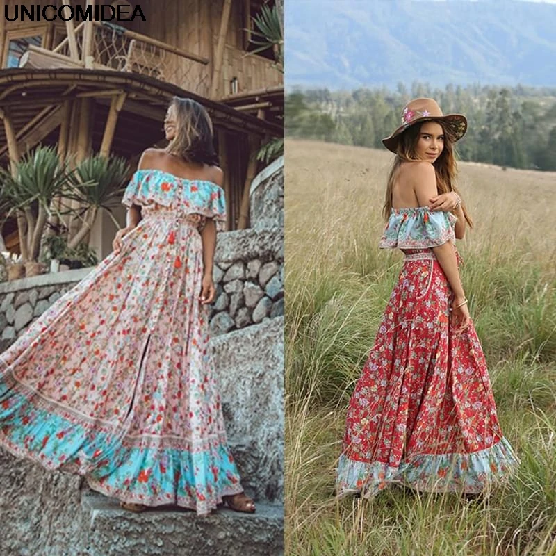 

Off Shoulder Women Dress Ethnic Summer Sundress Floral Flower Print Dress Beach Bohemia Boho Long Maxi Dresses Vestidos Femme