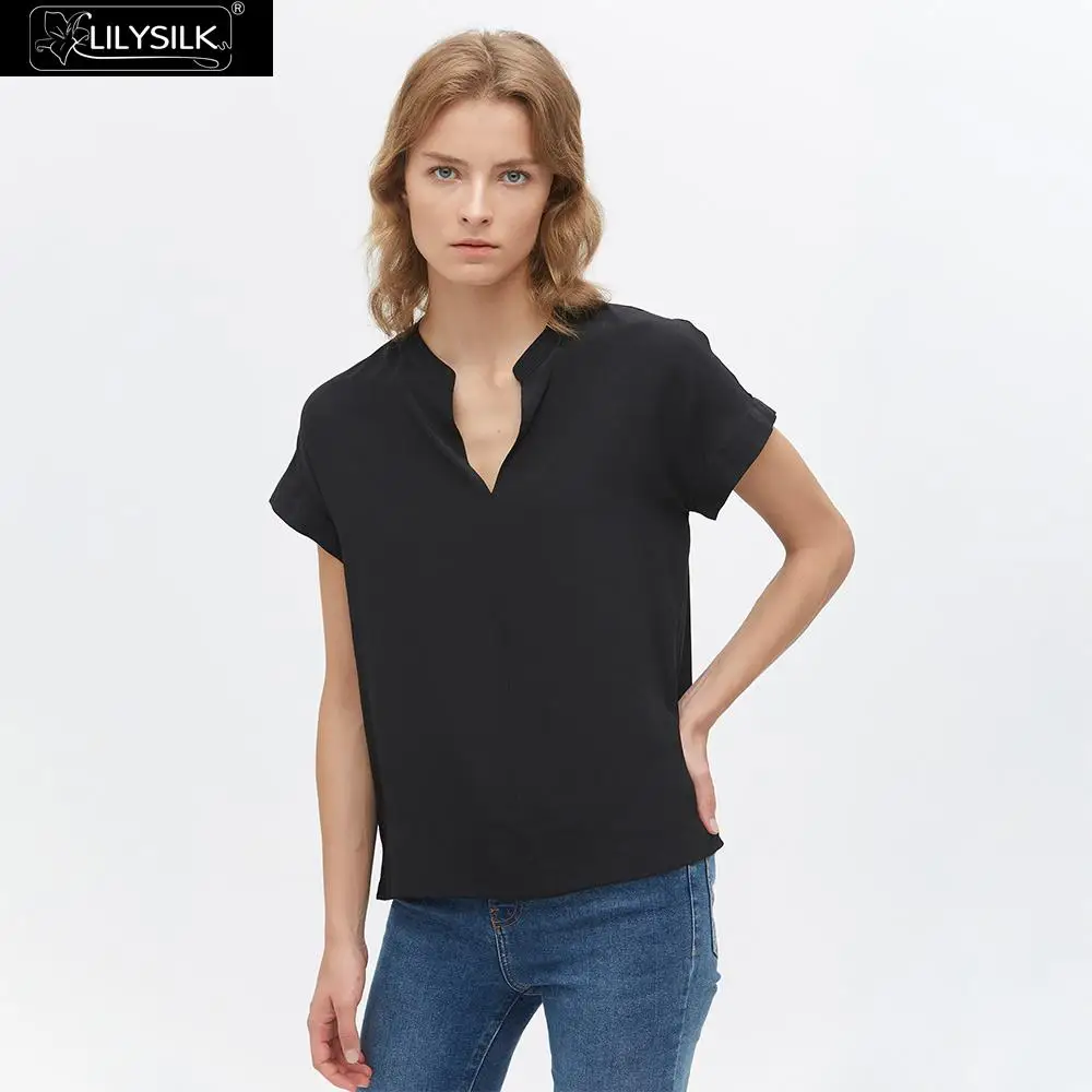 LilySilk Silk Tee Versatile Split Neck Ladies New Free Shipping - Цвет: Black