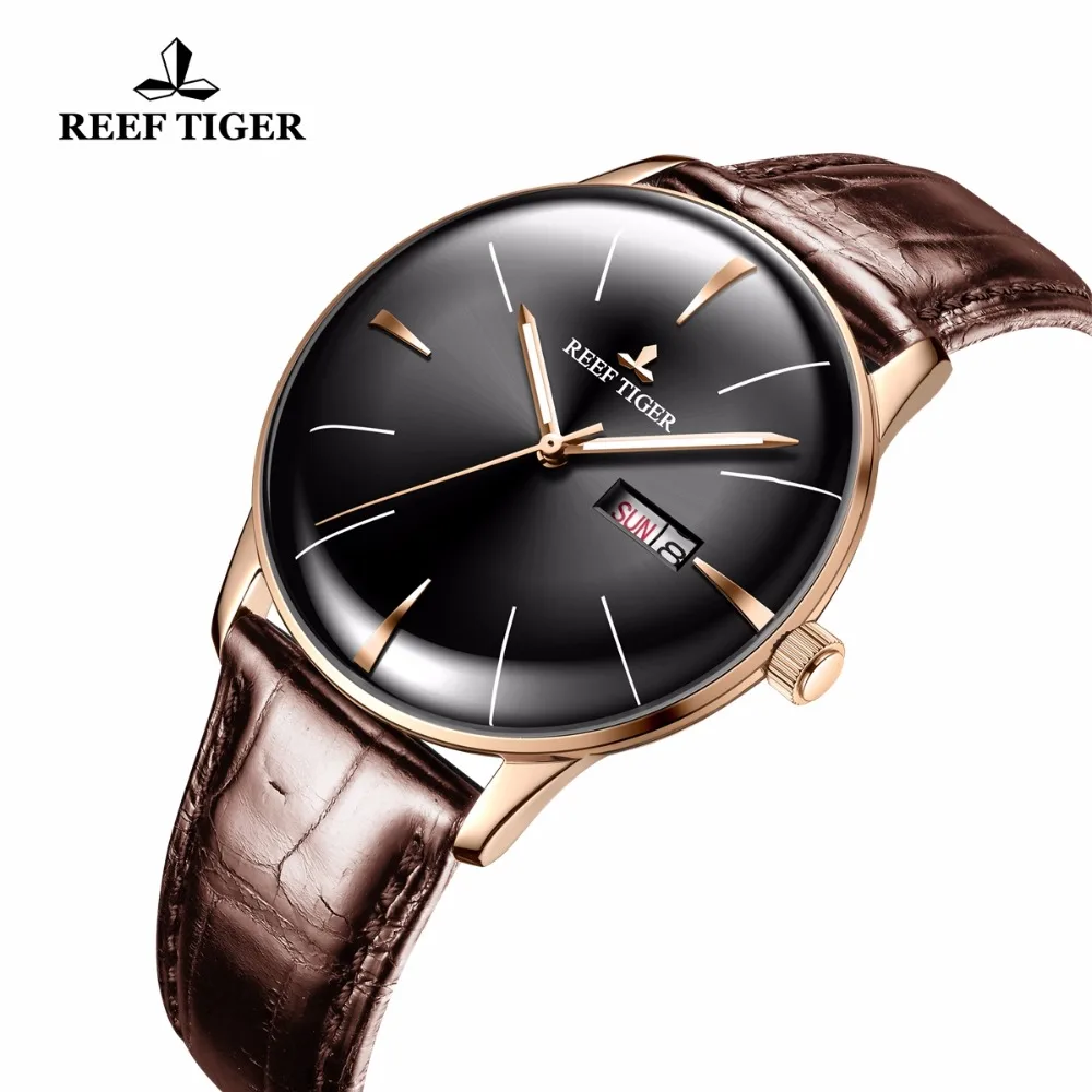 Мужские часы с автоподзаводом Reef Tiger/RT выпуклые линзой коричневым кожаным