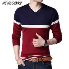 NEWDISCVRY мужской свитер ткань Осень Зима Мода V образным вырезом мужские трикотажные пуловеры Повседневная мужская Трикотажная облегающая полосатая верхняя одежда