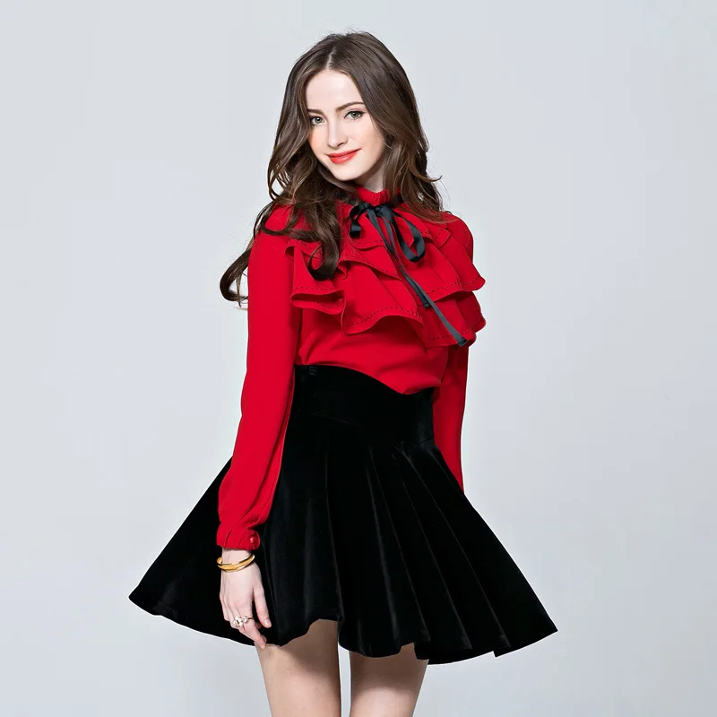 

2017 new nice fashion OL turtleneck solid color ruffles bow designer long sleeve women's elegant shirts blouses tops