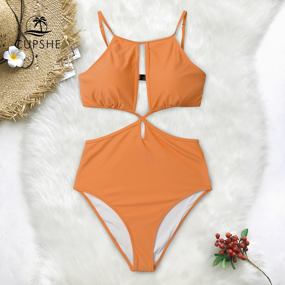 

CUPSHE Orange High Neck One-Piece Swimsuit Women Cutout Solid Monokini 2019 Girl Sexy Beach Bathing Suits