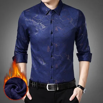 

Men's Fashion Winter Autumn Turn Down Collar Single Breasted Thick Warm Fleece Business Shirts Male Plus Size Printing Blouses