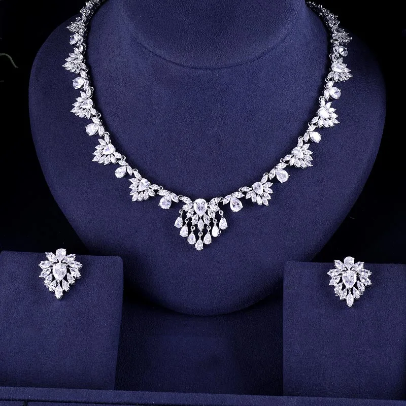 

jankelly Newest Clear CZ Jewelry Sets Brilliant Cubic Zircon Wedding Party Earrings Necklace Jewelry Sets For Heavy Dinner