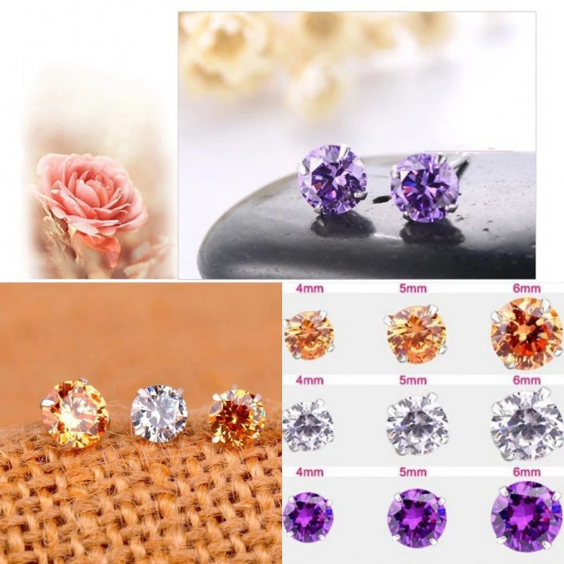 AINUOSHI, 3 цвета, круглые серьги-гвоздики с кристаллами для женщин и мужчин, настоящие серьги из чистого 925 пробы серебра, модные ювелирные изделия, фиолетовые, белые