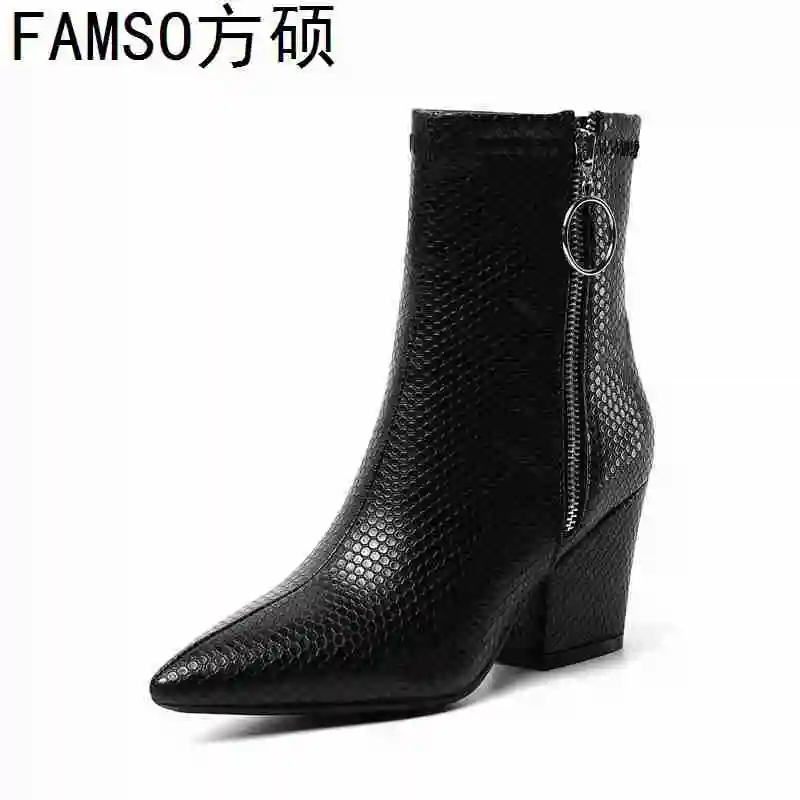 

FAMSO 2019 Women Boots Size 34-43 Print Hoof Heels Zipper Riding Boots Pointed Toe Winter Waterproof Ankle Boots Shoes