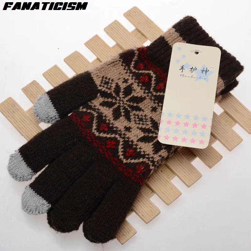 Fanaticism трикотажные перчатки с орнаментом снежинки для женщин и мужчин Зимний Теплый Сенсорный экран перчатки для ipad Tablet PC перчатки с сенсорным экраном - Цвет: Brown Red