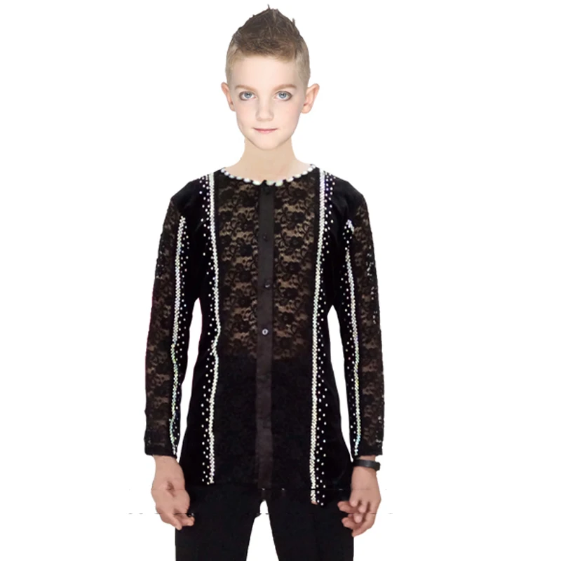 

Latin Dance Shirts Boys Black Lace Dancing Tops Salsa Samba Cha Cha Professional Competition Wear Charleston Clothes DNV10301
