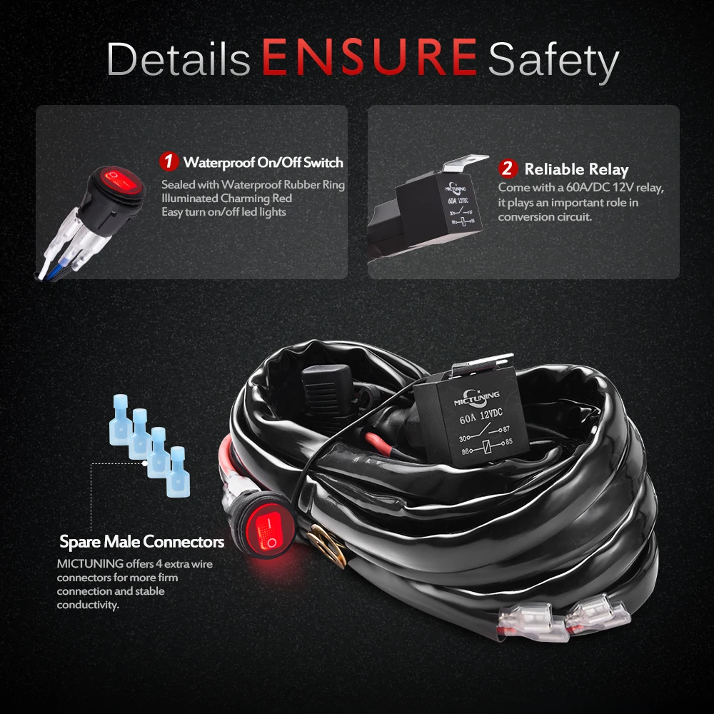 MICTUNING 12AWG Автомобильный светодиодный светильник комплект жгутов проводов с 60A