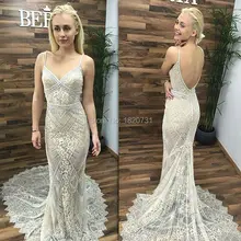 Vestido De Noiva вышитые кружева на сетке расшитые бисером Свадебные платья сексуальный v-образным вырезом Русалка с низким вырезом на спине; с тонкими лямками свадебное платье