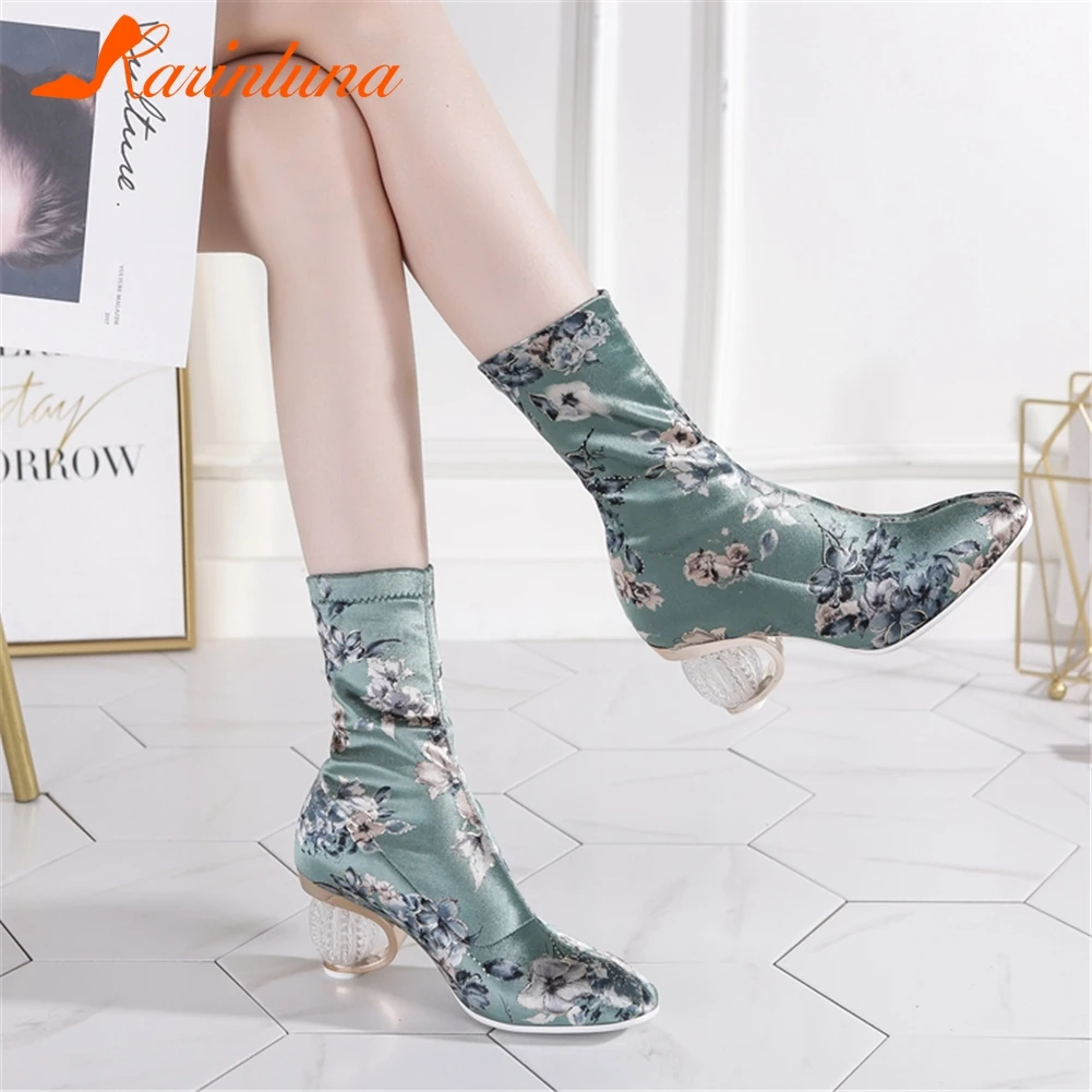 

KARINLUNA new fashion hot Embroidered mid calf Boots Woman shoes strange style top quality Sexy INS Boots Woman Shoes Women