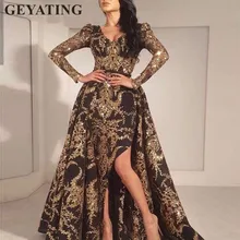 Блестящие золотые блестки с длинными рукавами арабское вечернее платье съемный Шлейф черный Дубай Кафтан Выпускные платья Длинные Формальные Вечерние платья