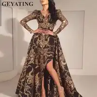Glitter Gold Sequins Long Sleeves Arabic Evening Dress Detachable Train Black Dubai Kaftan Prom Dresses Long Formal Party Gowns