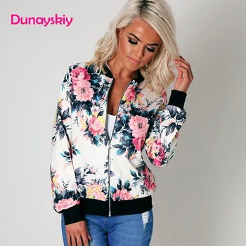 

Dunayskiy Women Autumn Floral Print Slim Long Sleeve Jackets White Navy Blue Basic Casual Fashionable Zippers Coats Outerwears