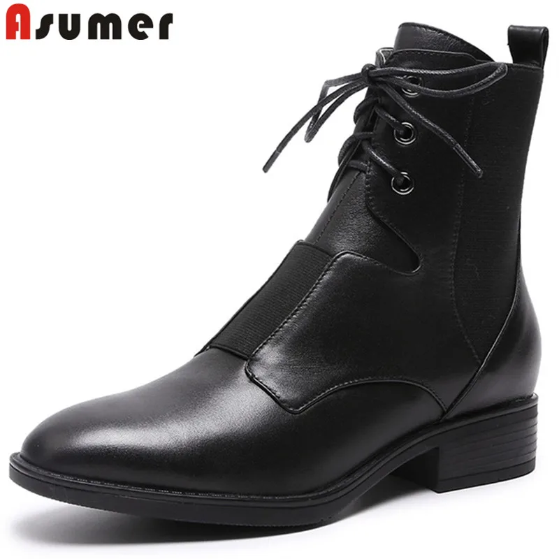 ASUMER 2019 hot sale new ankle boots women round toe lace up genuine leather boots low heels ...