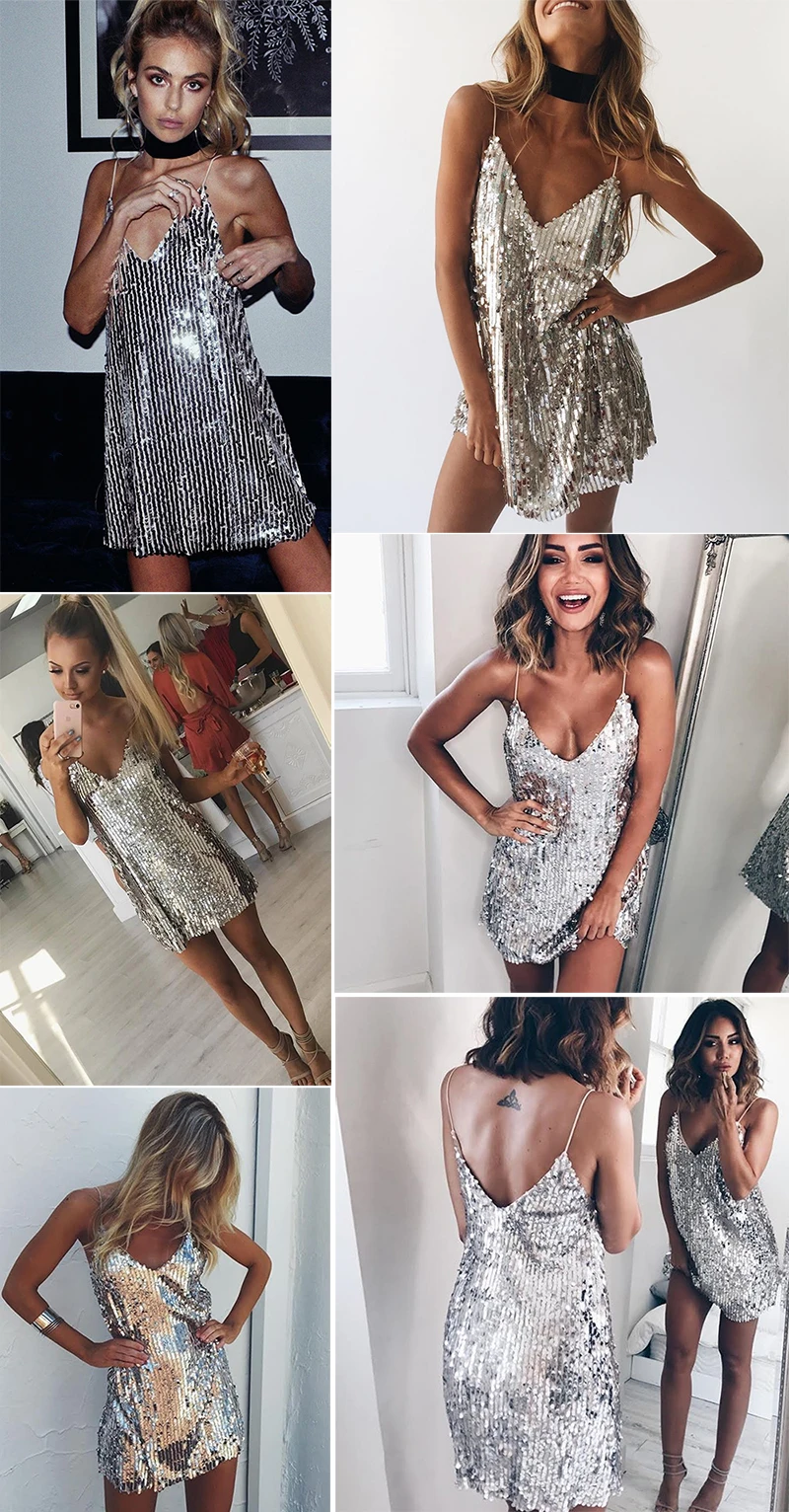 Deep V Neck Autumn Silver Sequined Backless Sexy Dress Women Off Shoulder Mini Dress Christmas Party Club Strap Dresses Vestidos