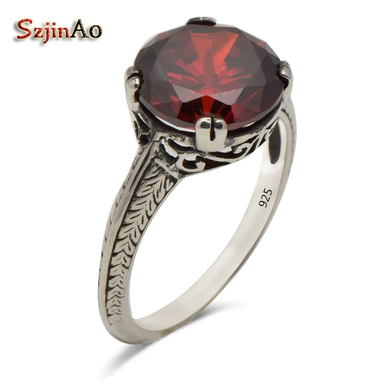 

Szjinao antique Jewelry Red Stone Ring Genuine 925 sterling-silver-jewelry Princess Diana Engagement Wedding Ring For Women
