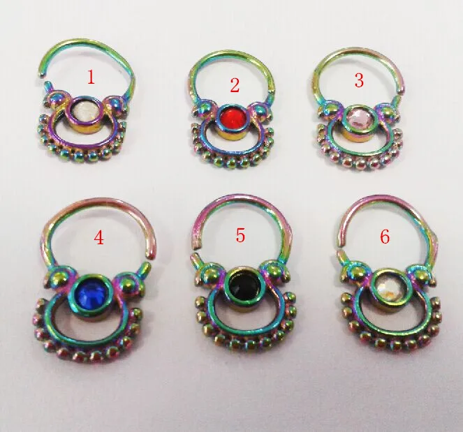 

1pcs stainless steel 16g rainbow real septum clicker with Crystal