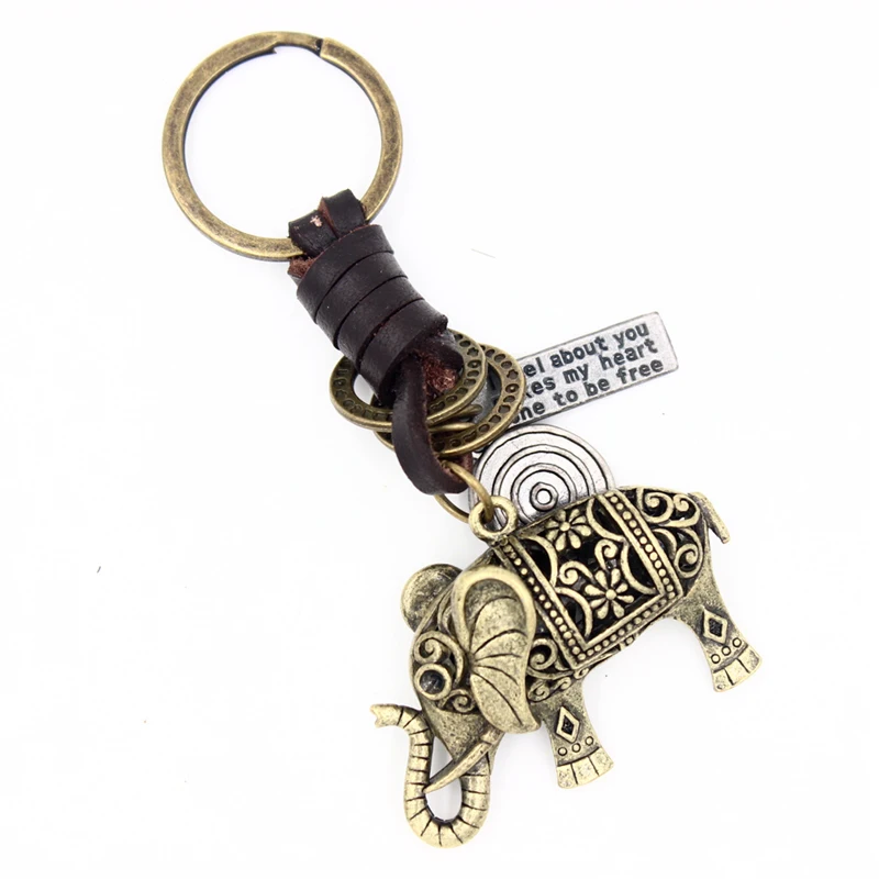 

4.8*3.8CM Original 3D Hollow Elephant Key Chains Punk Vintage Genuine Leather Keychain Handmade Men's Car Key Holder Keyring Diy