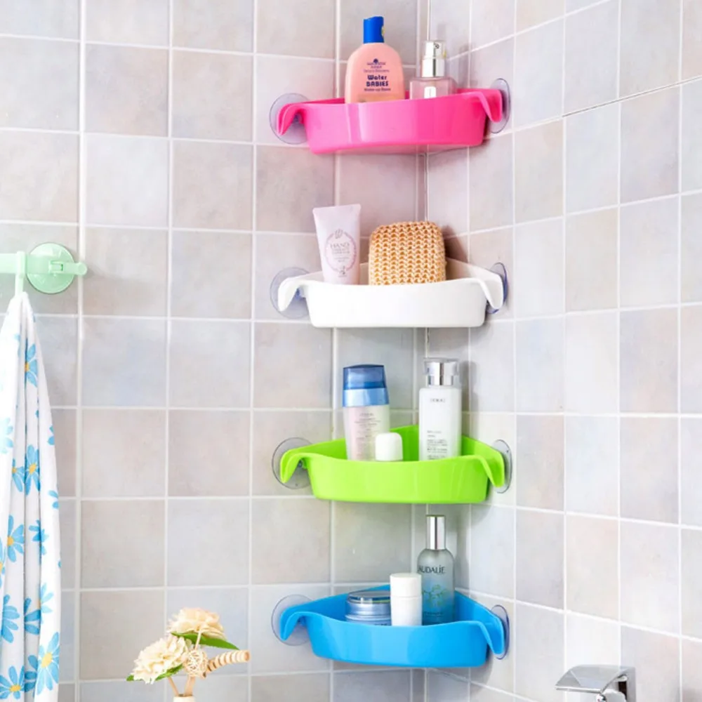 Plastic Wall Shelf With 2 Sucker Triangles Toilet Accessories Organizer