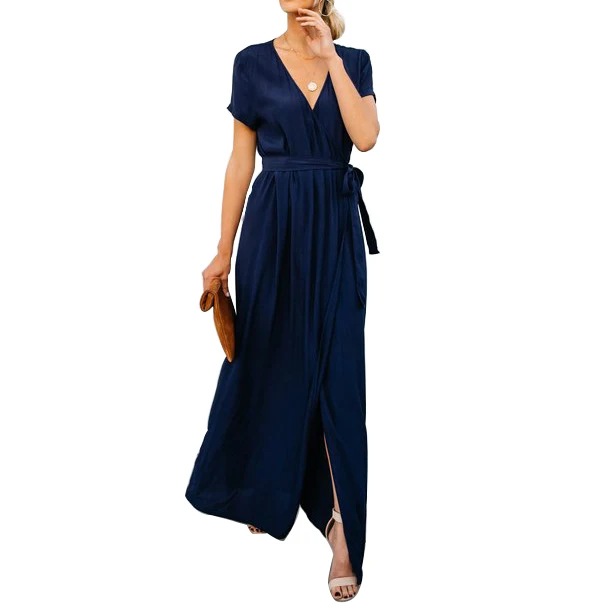 

Women Summer Dress Solid V-neck Bow Dress Floor-length Dress