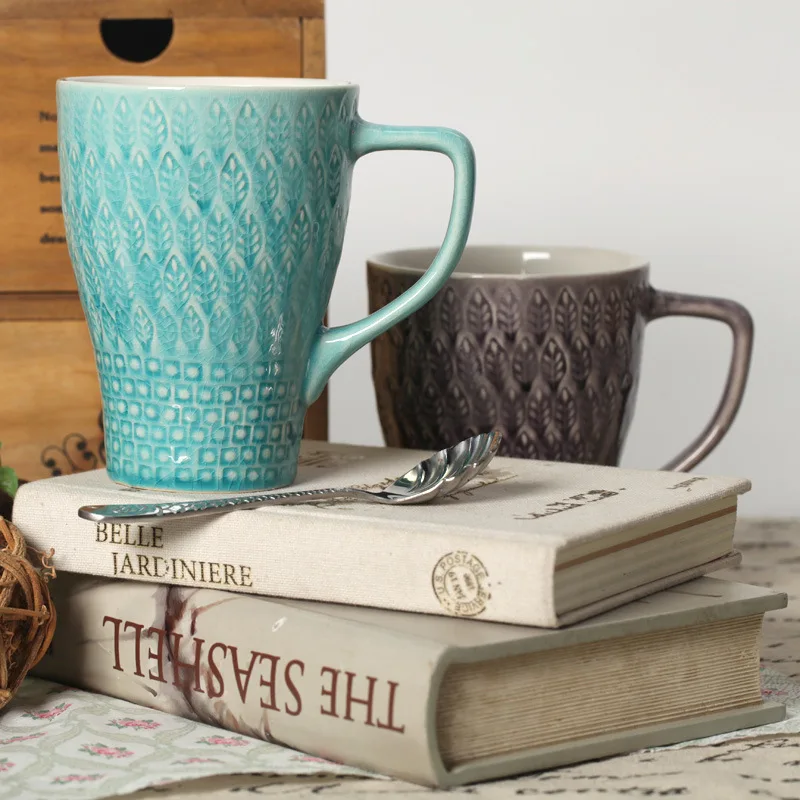 Ice Crack Glaze Wheat Pattern Relief Ceramic Mug Elegant Embossed