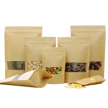 

200pcs Zipper Kraft Bag Small Kraft Paper Bag For Gifts/Food/Candy/Party/Wedding Gifts Ziplock Bag With Window Stand Up Pack Bag