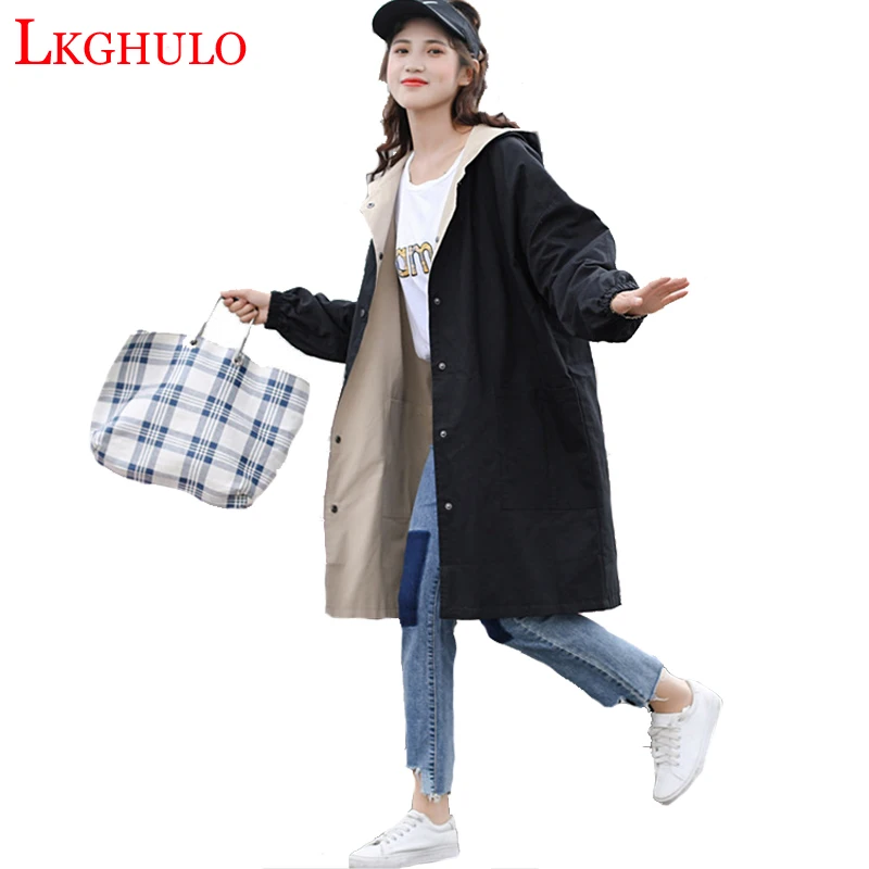 

LKGHULO Women's Trench Coat Plus Size 3XL Hoodie Windbreaker Solid Pockets Button Lightweight Raincoat Overcoat Big Size W738
