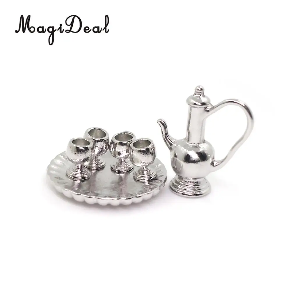 6Pcs 1:12 Dollhouse Miniature Silver Metal Tea Coffee Milk Set with Tray for Dolls Living Room Table Tableware Furniture Decor