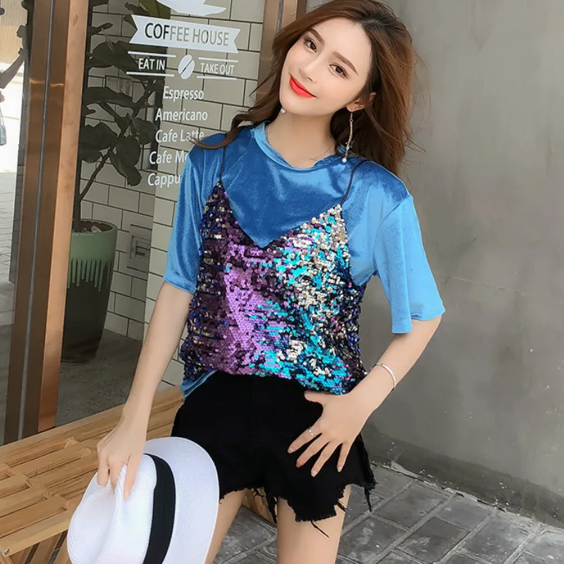

Chic 2pcs/set Velvet Tees Solid Color Shirts short-sleeved T-shirt + V-Neck Beading Camis Sequined Slings Vest Tops