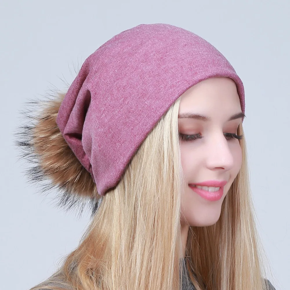 Geebro Women's Beanie Hat with Pompom Spring Cotton Beanies Hats with Raccoon Fur Pompon Skullies Balaclava Caps For Girls JS294 5