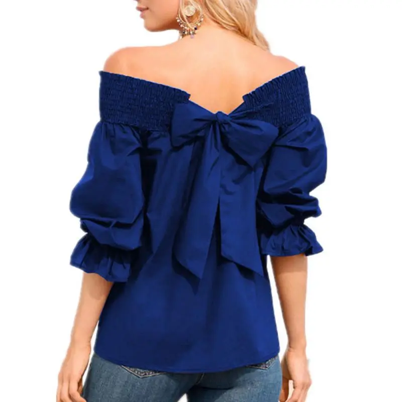 Sexy Off Shoulder Back Bowknot Blouse And Shirts Spring Summer Strapless Women Ruffle Sleeve Pleat Tops Casual Loose Blusas|Блузки| |