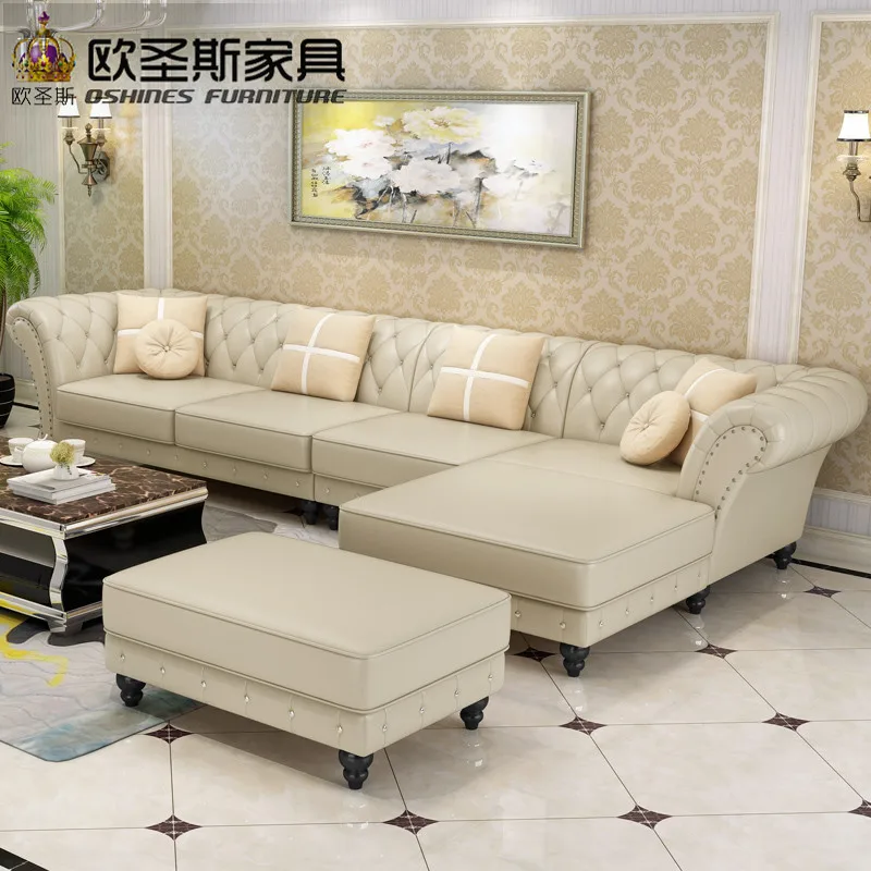 factory wholesale champagne l shaped corner sectional royal classical italian genuine leather sofa set with ottoman chair W38L