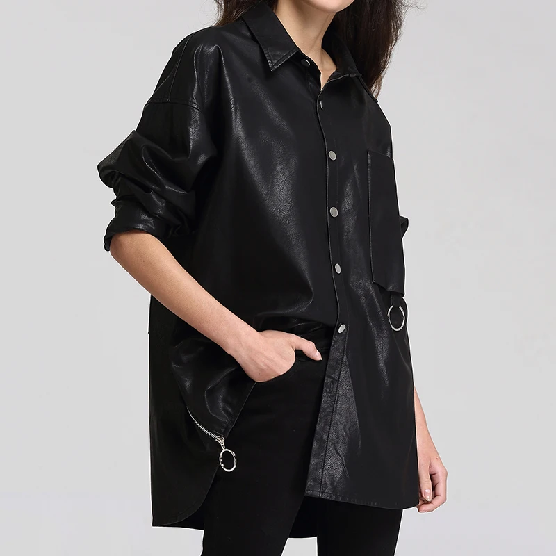 ESCALIEA Basic Jacket Women's Washed PU Leather Jacket Fashion Turn-down Collar Button Coats Free Size Casual Jacket