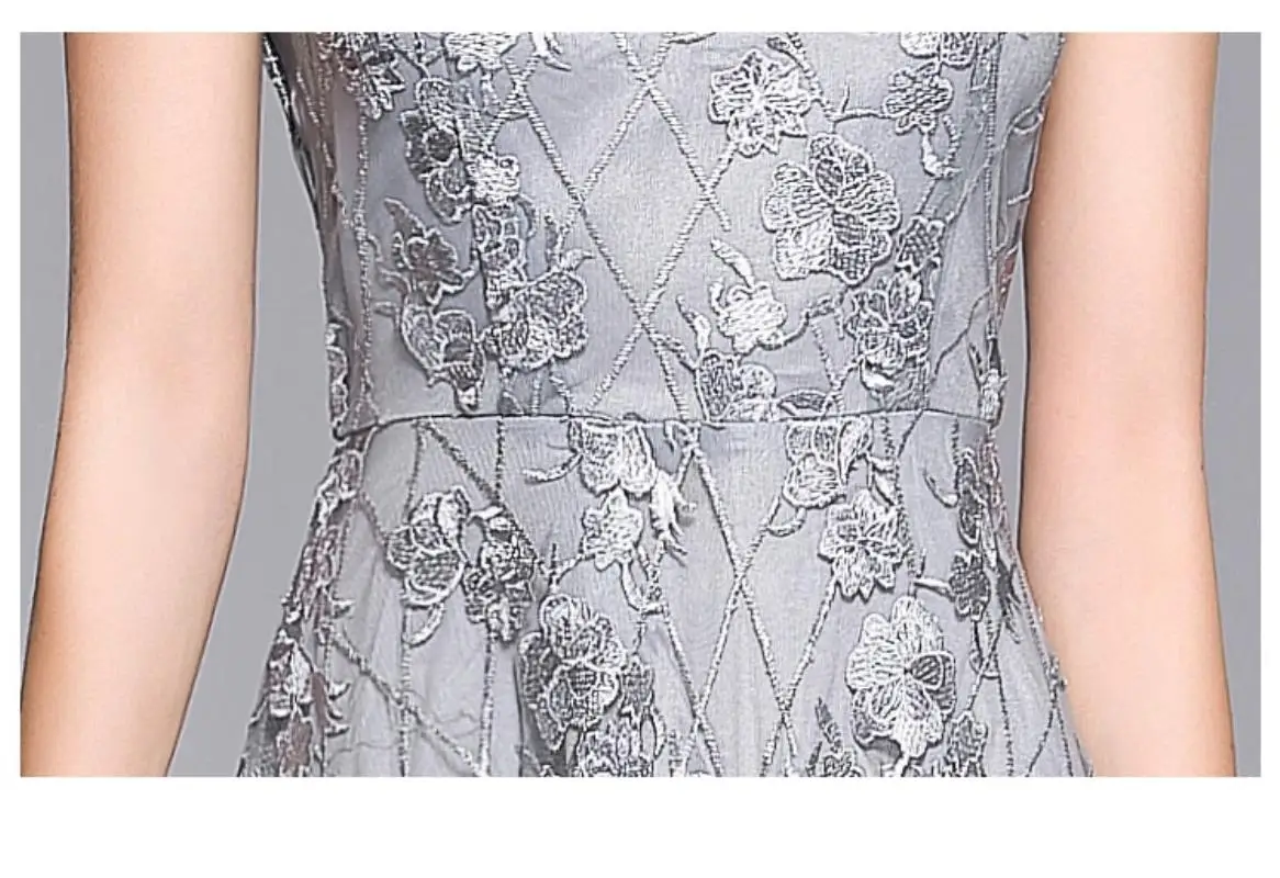 Summer Lace Mesh Embroidery Dress Chiffon Women O-Neck Short Sleeves A-Line Silver Vintage Long Party Elegant Dress Vestidos
