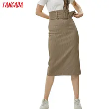 Tangada юбка карандаш офисная юбка юбка с завышенной талией юбка с высокой талией бежевая юбка коричневая юбка юбка в клетку юбка с поясом юбка длина миди юбка до колена юбка из костюмной ткани BE175