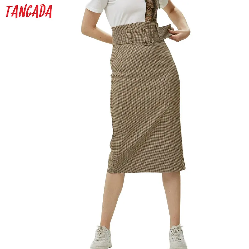Billige Tangada mode frauen plaid rock vintage arbeit büro damen rock mit gürtel mujer retro mittlere waden röcke BE175