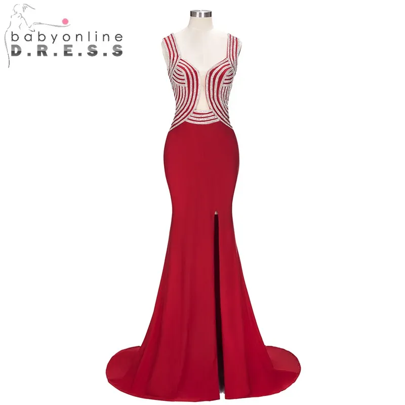 

Babyonlinedress Charming Red High Slit Prom Dresses Long Heavy Beaded Sweetheart Evening Party Dress Special Occasion Vestidos