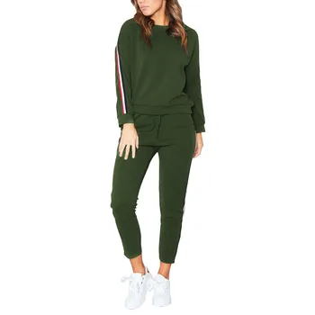 

WEIXINBUY Autumn Spring Plus Size Women Sets O Neck Long Sleeve Hoodies With A Solid Striped Ankle-Length Pants