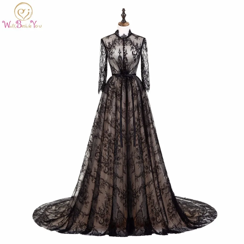 

Walk Beside You Elegant Black Champagne Evening Dresses Lace Muslim Long Sleeves High Neck Prom Gowns Long Dresses 2020