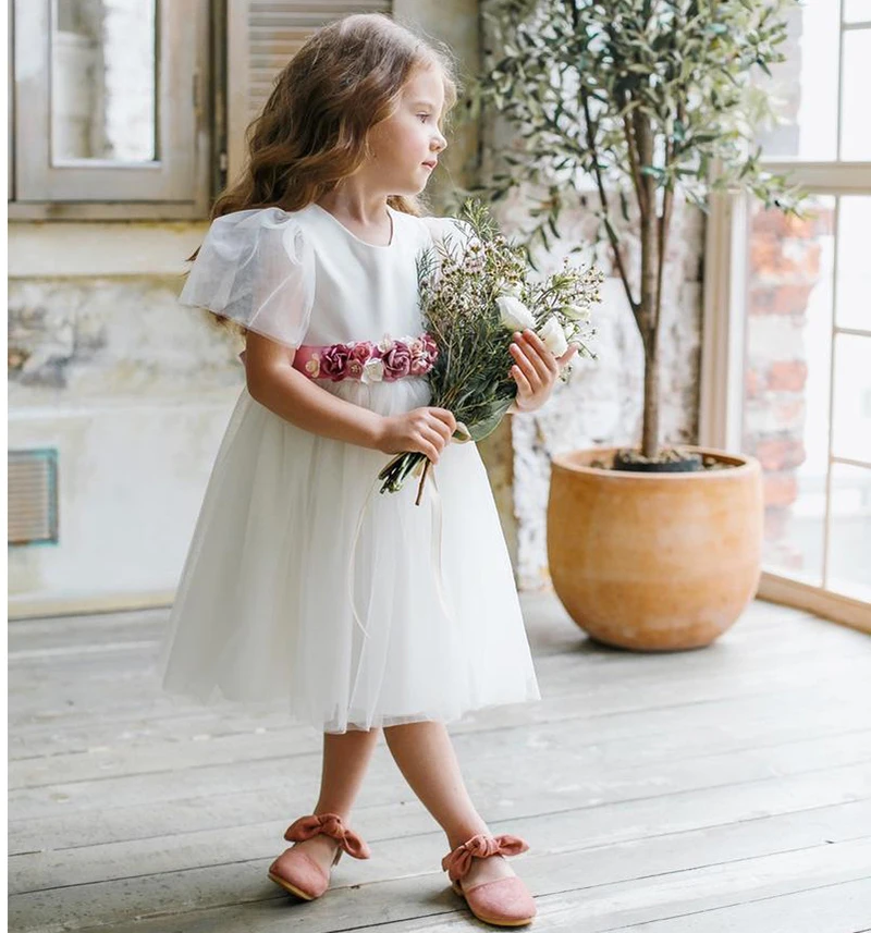 

Smileven Tea Length Flower Girl Dress 2019 Flowers Belt Girl's Birthday Party Pageant Dress Cute Wedding Party Girl Dress