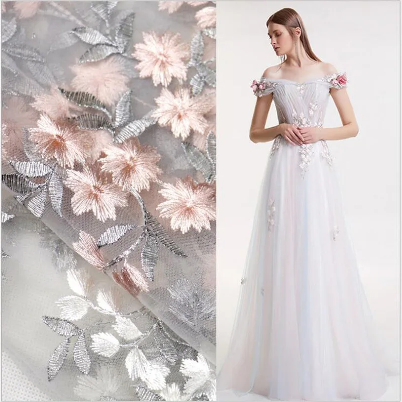 

Double Color Decorative Pattern Mesh Embroidered Lace Fabric Sewing Options Dress Gown Fashion Tissu au Metre Pour Habillement